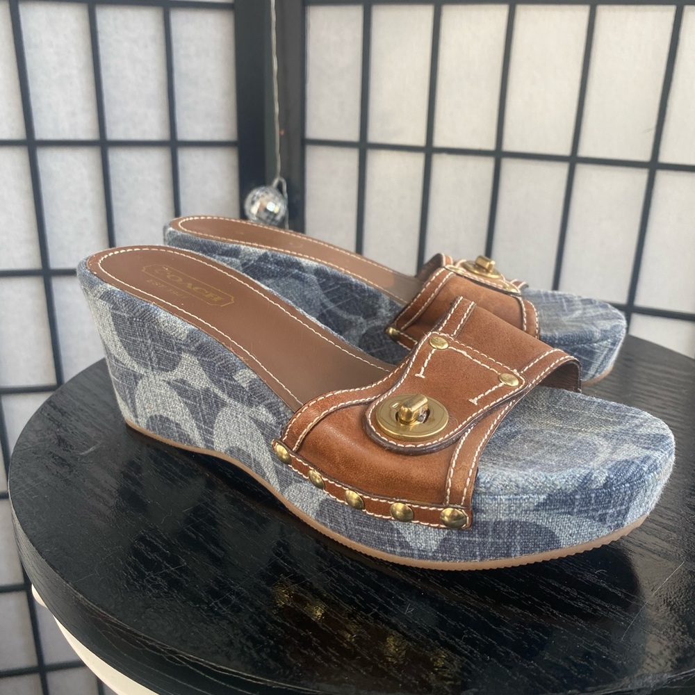 Coach Women's Blue and Brown Wedge Sandals